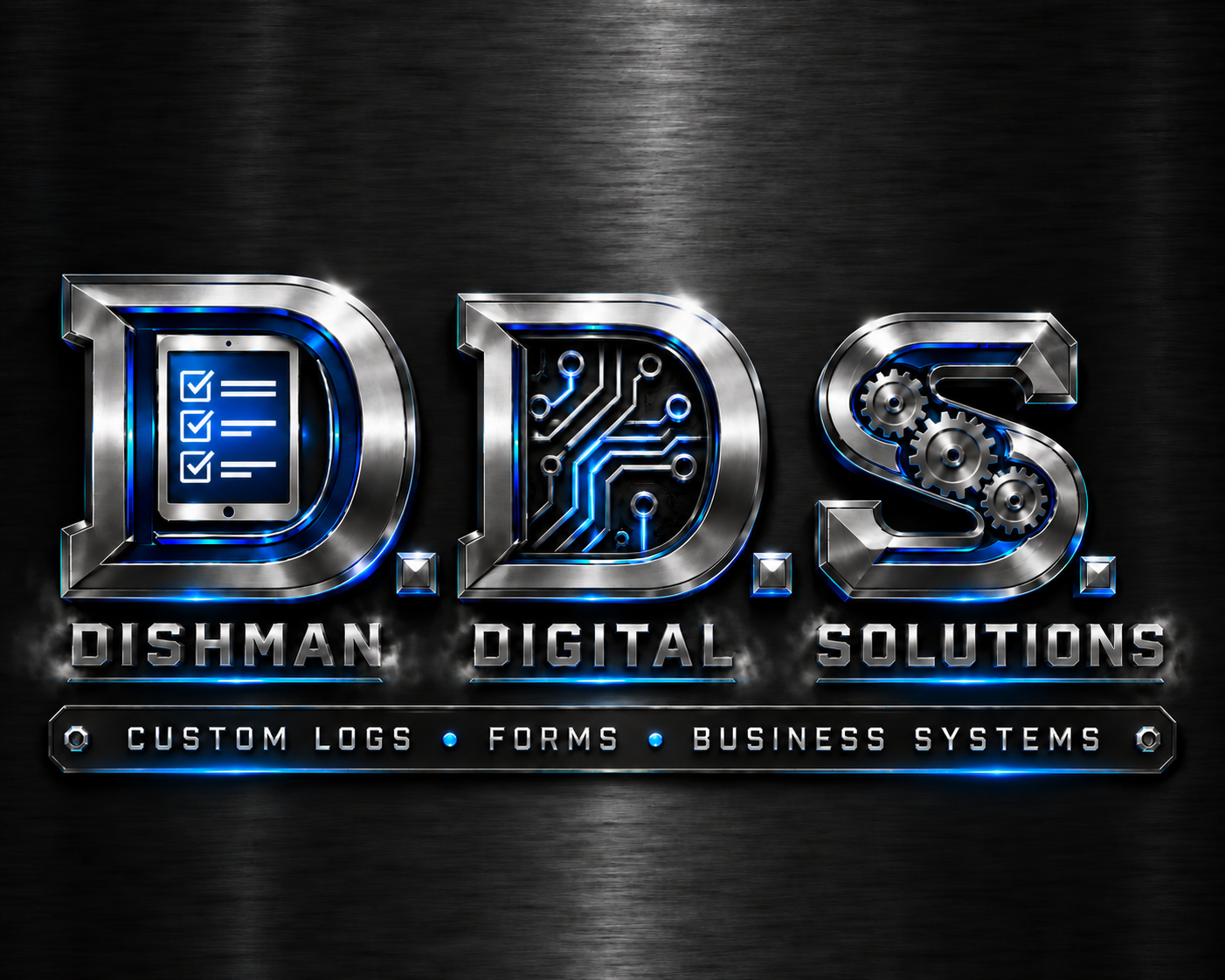 Dishman Digital Solutions logo in silver and blue. Custom logs, forms, business systems.
